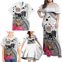 Fiji Iguana Family Matching Off Shoulder Maxi Dress and Hawaiian Shirt Tapa Tribal Tattoo and Hibiscus LT03 - Polynesian Pride