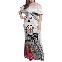 Fiji Iguana Family Matching Off Shoulder Maxi Dress and Hawaiian Shirt Tapa Tribal Tattoo and Hibiscus LT03 Mom's Dress White - Polynesian Pride