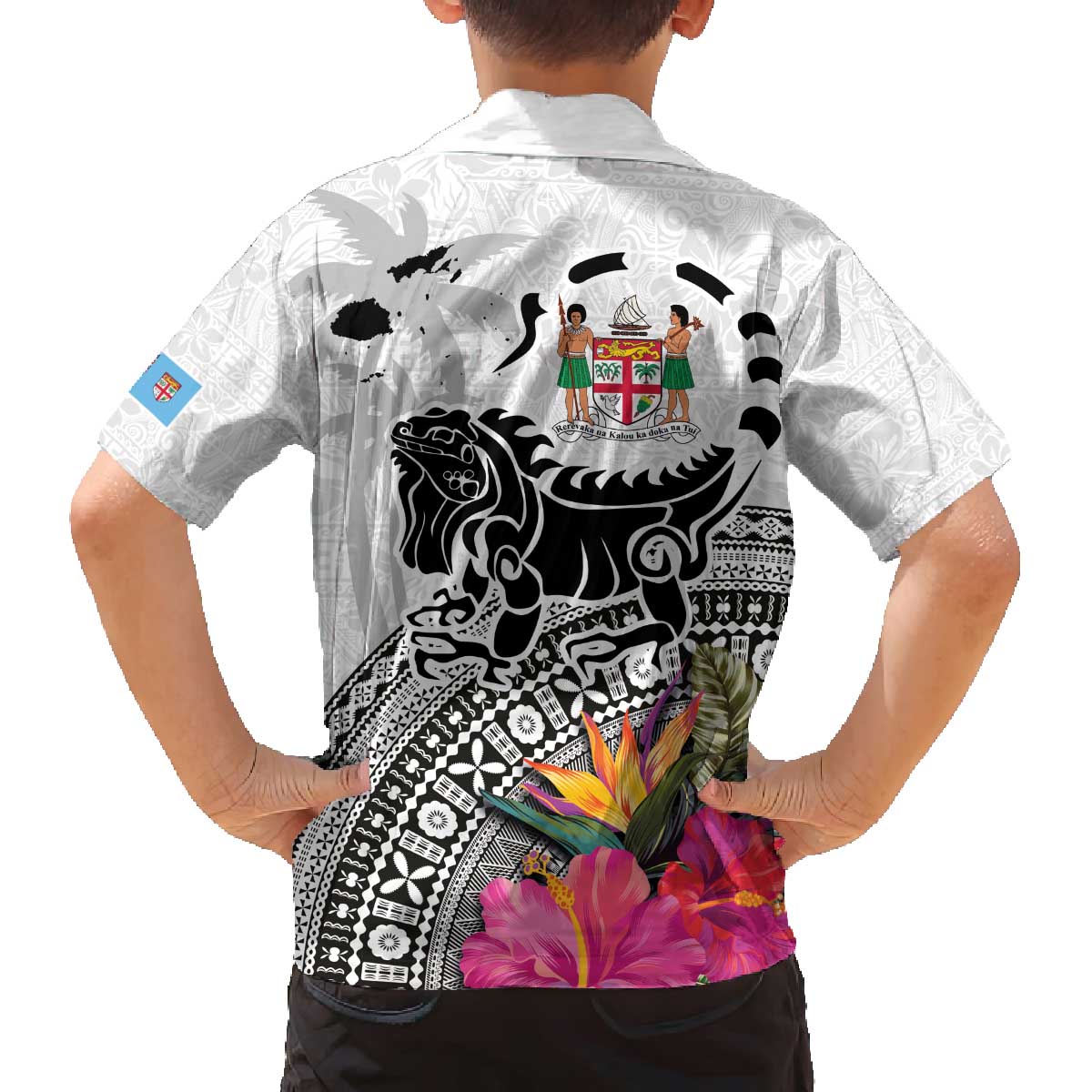 Fiji Iguana Family Matching Off Shoulder Short Dress and Hawaiian Shirt Tapa Tribal Tattoo and Hibiscus LT03 - Polynesian Pride
