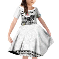 Fiji Iguana Family Matching Off Shoulder Short Dress and Hawaiian Shirt Tapa Tribal Tattoo and Hibiscus LT03 Daughter's Dress White - Polynesian Pride