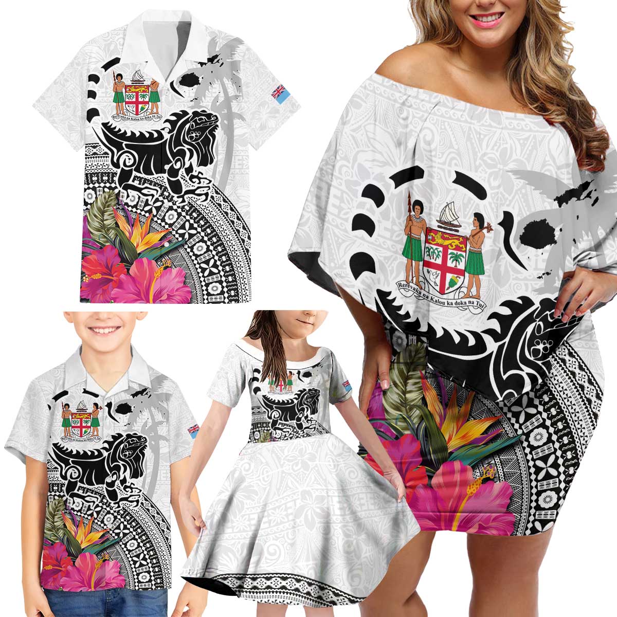 Fiji Iguana Family Matching Off Shoulder Short Dress and Hawaiian Shirt Tapa Tribal Tattoo and Hibiscus LT03 - Polynesian Pride