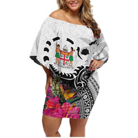 Fiji Iguana Family Matching Off Shoulder Short Dress and Hawaiian Shirt Tapa Tribal Tattoo and Hibiscus LT03 Mom's Dress White - Polynesian Pride