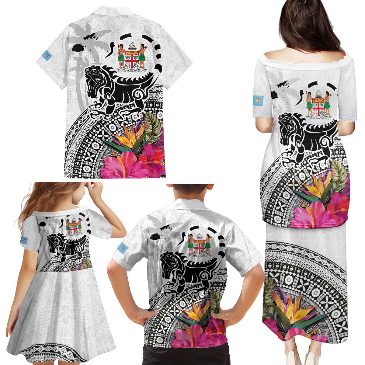 Fiji Iguana Family Matching Puletasi and Hawaiian Shirt Tapa Tribal Tattoo and Hibiscus LT03 - Polynesian Pride