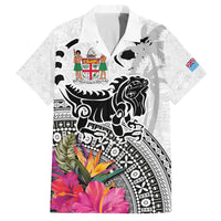 Fiji Iguana Family Matching Puletasi and Hawaiian Shirt Tapa Tribal Tattoo and Hibiscus LT03 Dad's Shirt - Short Sleeve White - Polynesian Pride