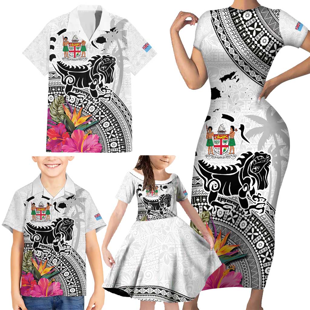 Fiji Iguana Family Matching Short Sleeve Bodycon Dress and Hawaiian Shirt Tapa Tribal Tattoo and Hibiscus LT03 - Polynesian Pride