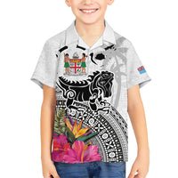 Fiji Iguana Family Matching Short Sleeve Bodycon Dress and Hawaiian Shirt Tapa Tribal Tattoo and Hibiscus LT03 Son's Shirt White - Polynesian Pride