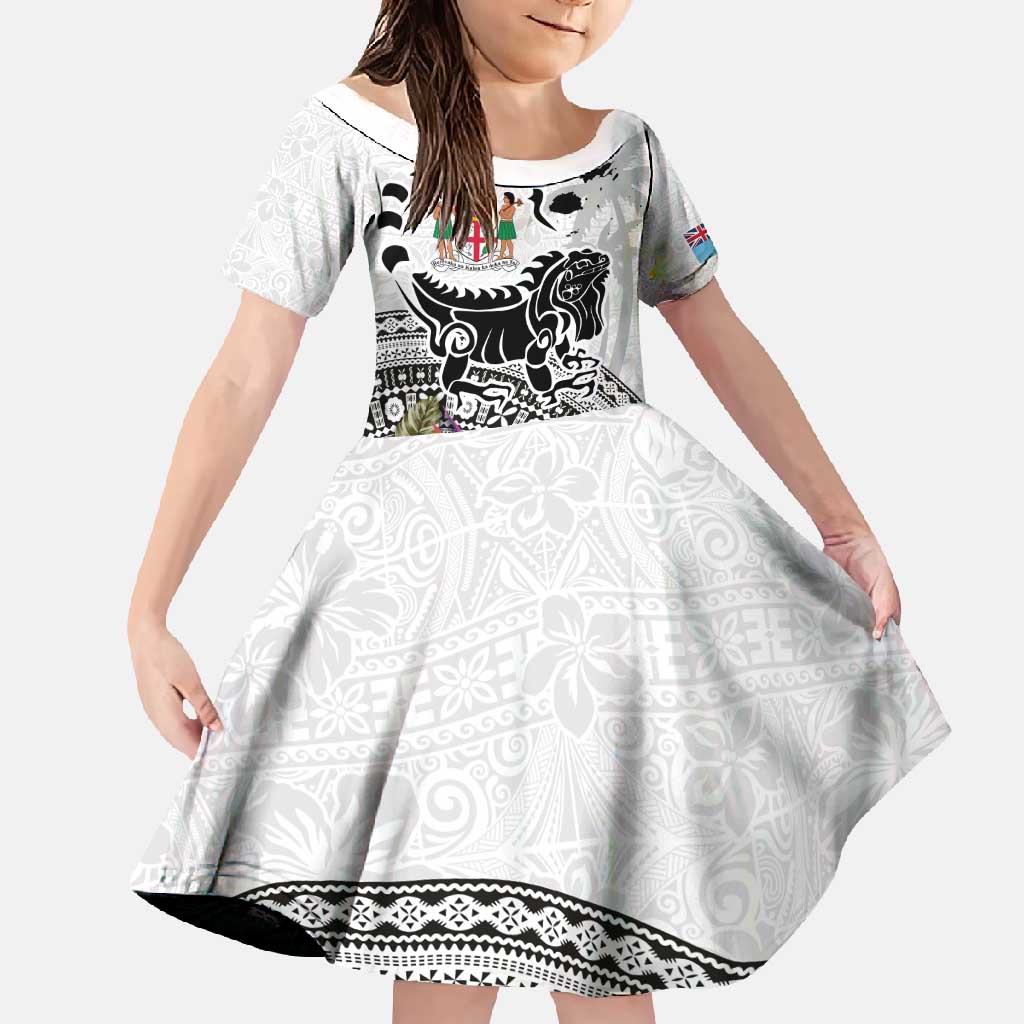 Fiji Iguana Family Matching Summer Maxi Dress and Hawaiian Shirt Tapa Tribal Tattoo and Hibiscus LT03 Daughter's Dress White - Polynesian Pride