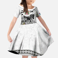 Fiji Iguana Family Matching Summer Maxi Dress and Hawaiian Shirt Tapa Tribal Tattoo and Hibiscus LT03 Daughter's Dress White - Polynesian Pride