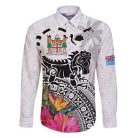 Fiji Iguana Family Matching Summer Maxi Dress and Hawaiian Shirt Tapa Tribal Tattoo and Hibiscus LT03 Dad's Shirt - Long Sleeve White - Polynesian Pride