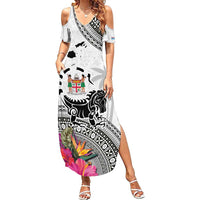 Fiji Iguana Family Matching Summer Maxi Dress and Hawaiian Shirt Tapa Tribal Tattoo and Hibiscus LT03 Mom's Dress White - Polynesian Pride