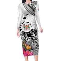 Fiji Iguana Long Sleeve Bodycon Dress Tapa Tribal Tattoo and Hibiscus LT03 Long Dress White - Polynesian Pride
