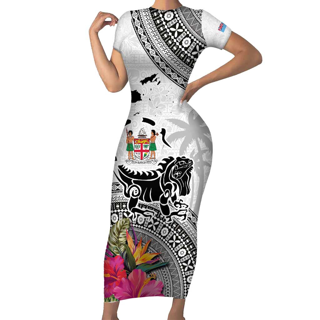 Fiji Iguana Short Sleeve Bodycon Dress Tapa Tribal Tattoo and Hibiscus LT03 Long Dress White - Polynesian Pride
