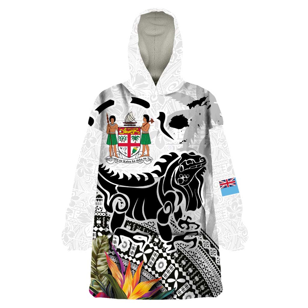 Fiji Iguana Wearable Blanket Hoodie Tapa Tribal Tattoo and Hibiscus LT03 One Size White - Polynesian Pride