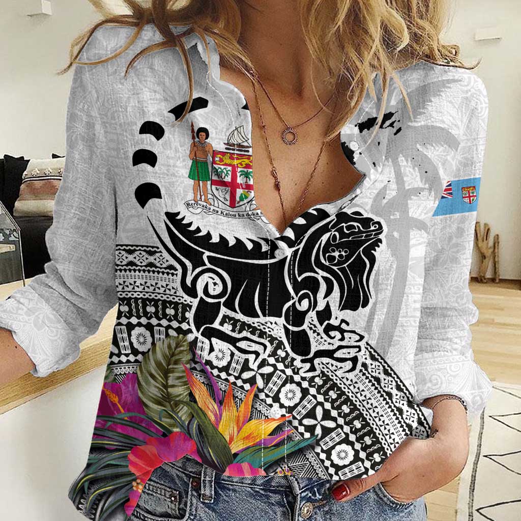 Fiji Iguana Women Casual Shirt Tapa Tribal Tattoo and Hibiscus LT03 Female White - Polynesian Pride