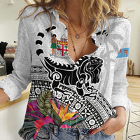 Fiji Iguana Women Casual Shirt Tapa Tribal Tattoo and Hibiscus LT03 Female White - Polynesian Pride