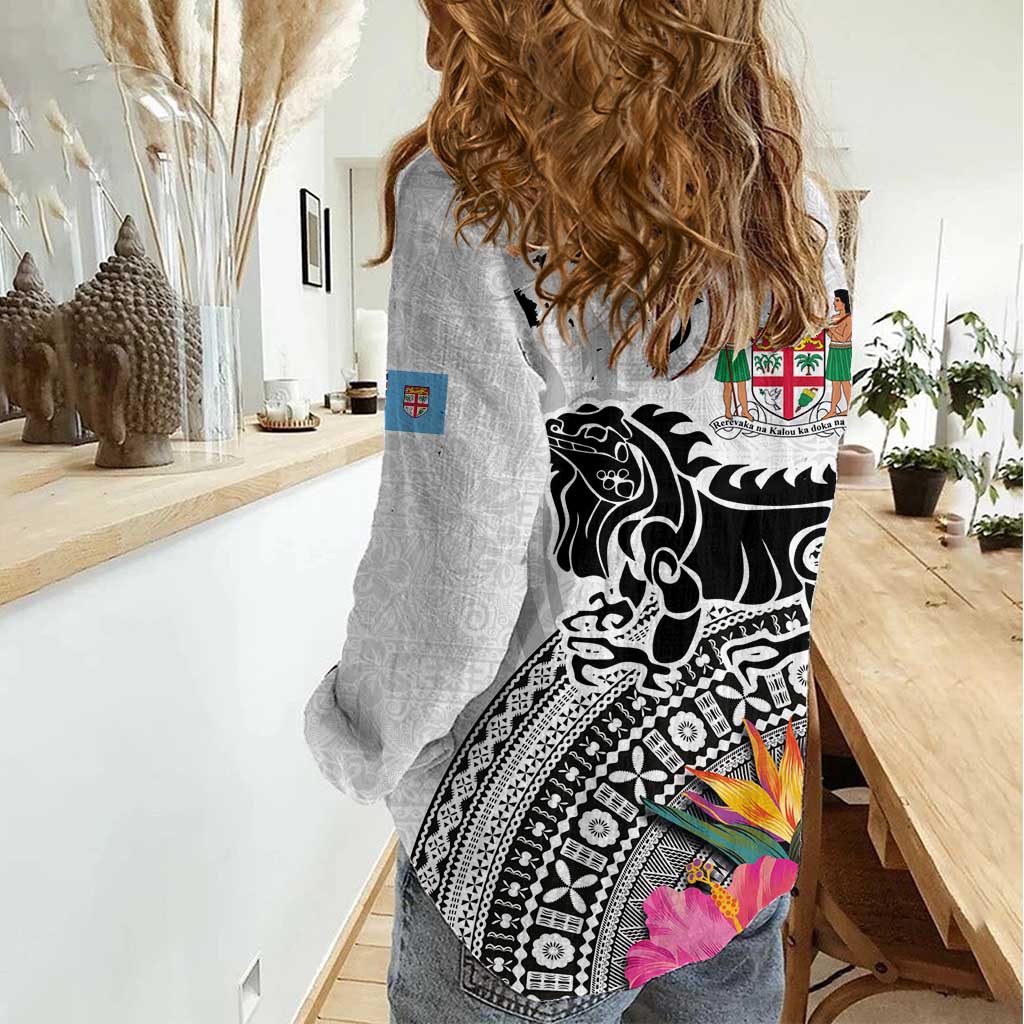 Fiji Iguana Women Casual Shirt Tapa Tribal Tattoo and Hibiscus LT03 - Polynesian Pride