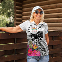 Fiji Iguana Women Polo Shirt Tapa Tribal Tattoo and Hibiscus