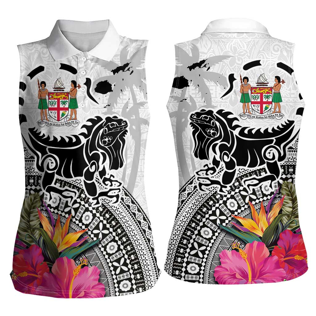Fiji Iguana Women Sleeveless Polo Shirt Tapa Tribal Tattoo and Hibiscus LT03 - Polynesian Pride