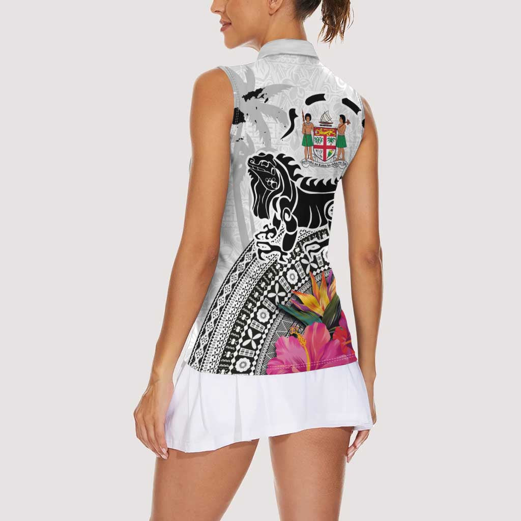 Fiji Iguana Women Sleeveless Polo Shirt Tapa Tribal Tattoo and Hibiscus LT03 - Polynesian Pride