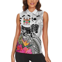 Fiji Iguana Women Sleeveless Polo Shirt Tapa Tribal Tattoo and Hibiscus LT03 - Polynesian Pride