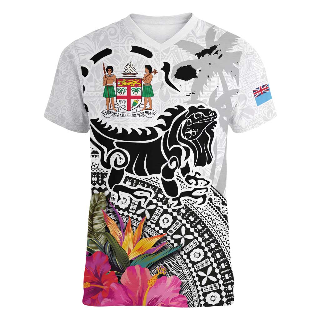 Fiji Iguana Women V-Neck T-Shirt Tapa Tribal Tattoo and Hibiscus LT03 Female White - Polynesian Pride