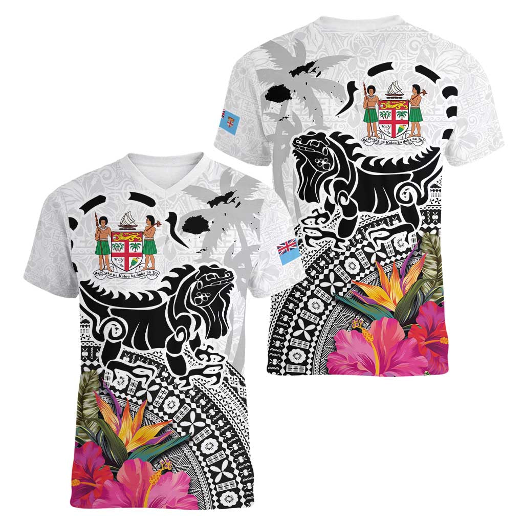 Fiji Iguana Women V-Neck T-Shirt Tapa Tribal Tattoo and Hibiscus LT03 - Polynesian Pride
