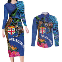 Fiji and Australia Together Couples Matching Long Sleeve Bodycon Dress and Long Sleeve Button Shirt Aboriginal Kangaroo and Tapa Tribal Hibiscus LT03 Blue - Polynesian Pride