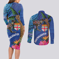 Fiji and Australia Together Couples Matching Long Sleeve Bodycon Dress and Long Sleeve Button Shirt Aboriginal Kangaroo and Tapa Tribal Hibiscus LT03 - Polynesian Pride