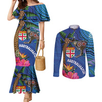 Fiji and Australia Together Couples Matching Mermaid Dress and Long Sleeve Button Shirt Aboriginal Kangaroo and Tapa Tribal Hibiscus LT03 Blue - Polynesian Pride