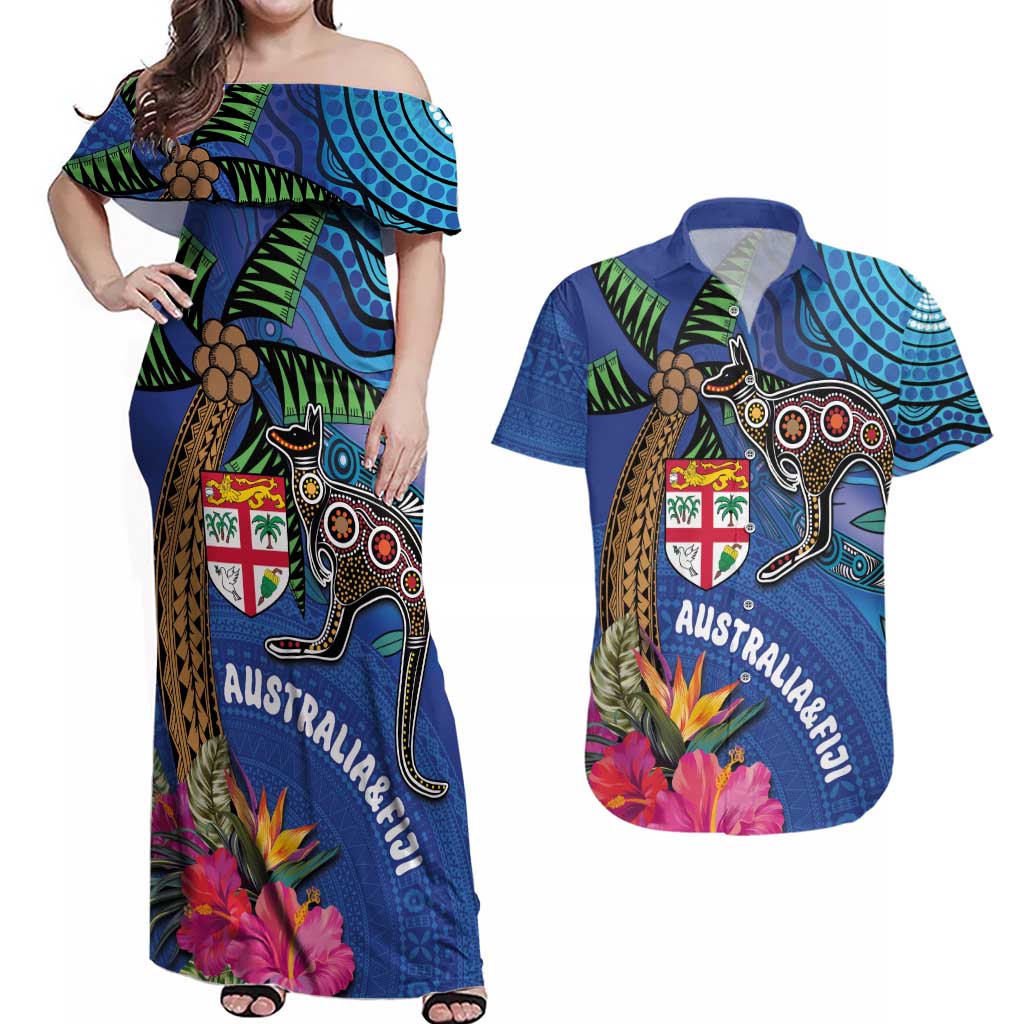 Fiji and Australia Together Couples Matching Off Shoulder Maxi Dress and Hawaiian Shirt Aboriginal Kangaroo and Tapa Tribal Hibiscus LT03 Blue - Polynesian Pride