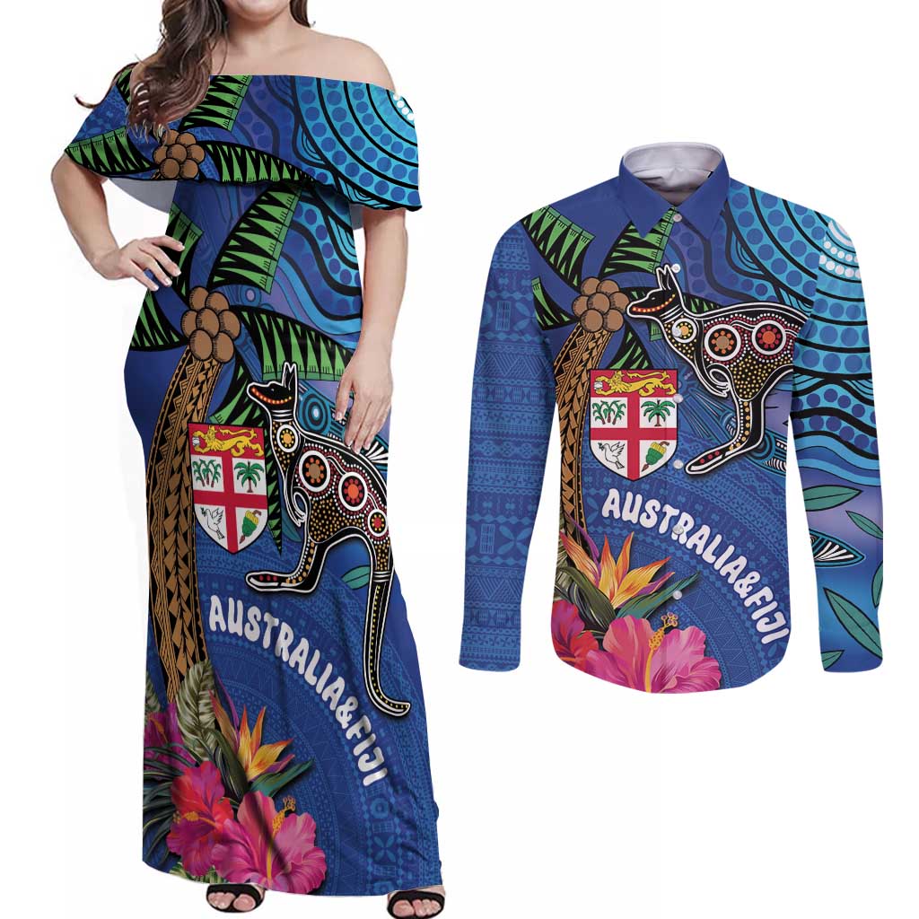 Fiji and Australia Together Couples Matching Off Shoulder Maxi Dress and Long Sleeve Button Shirt Aboriginal Kangaroo and Tapa Tribal Hibiscus LT03 Blue - Polynesian Pride