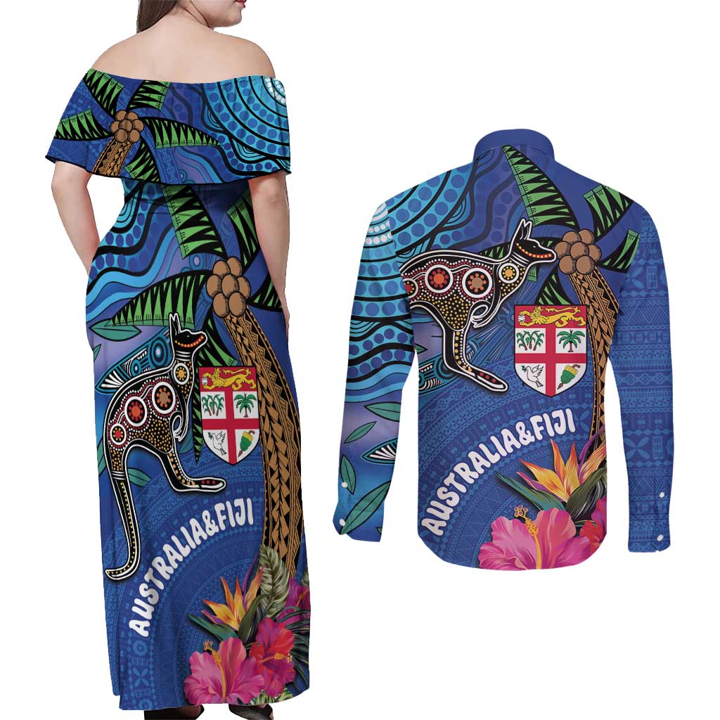 Fiji and Australia Together Couples Matching Off Shoulder Maxi Dress and Long Sleeve Button Shirt Aboriginal Kangaroo and Tapa Tribal Hibiscus LT03 - Polynesian Pride