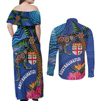 Fiji and Australia Together Couples Matching Off Shoulder Maxi Dress and Long Sleeve Button Shirt Aboriginal Kangaroo and Tapa Tribal Hibiscus LT03 - Polynesian Pride