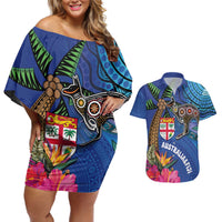 Fiji and Australia Together Couples Matching Off Shoulder Short Dress and Hawaiian Shirt Aboriginal Kangaroo and Tapa Tribal Hibiscus LT03 Blue - Polynesian Pride