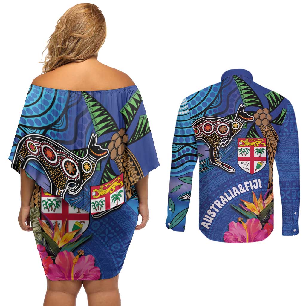 Fiji and Australia Together Couples Matching Off Shoulder Short Dress and Long Sleeve Button Shirt Aboriginal Kangaroo and Tapa Tribal Hibiscus LT03 - Polynesian Pride