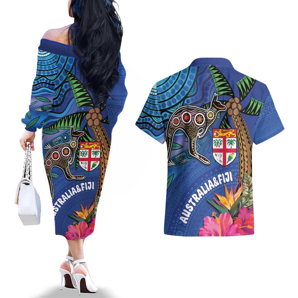 Fiji and Australia Together Couples Matching Off The Shoulder Long Sleeve Dress and Hawaiian Shirt Aboriginal Kangaroo and Tapa Tribal Hibiscus LT03 - Polynesian Pride