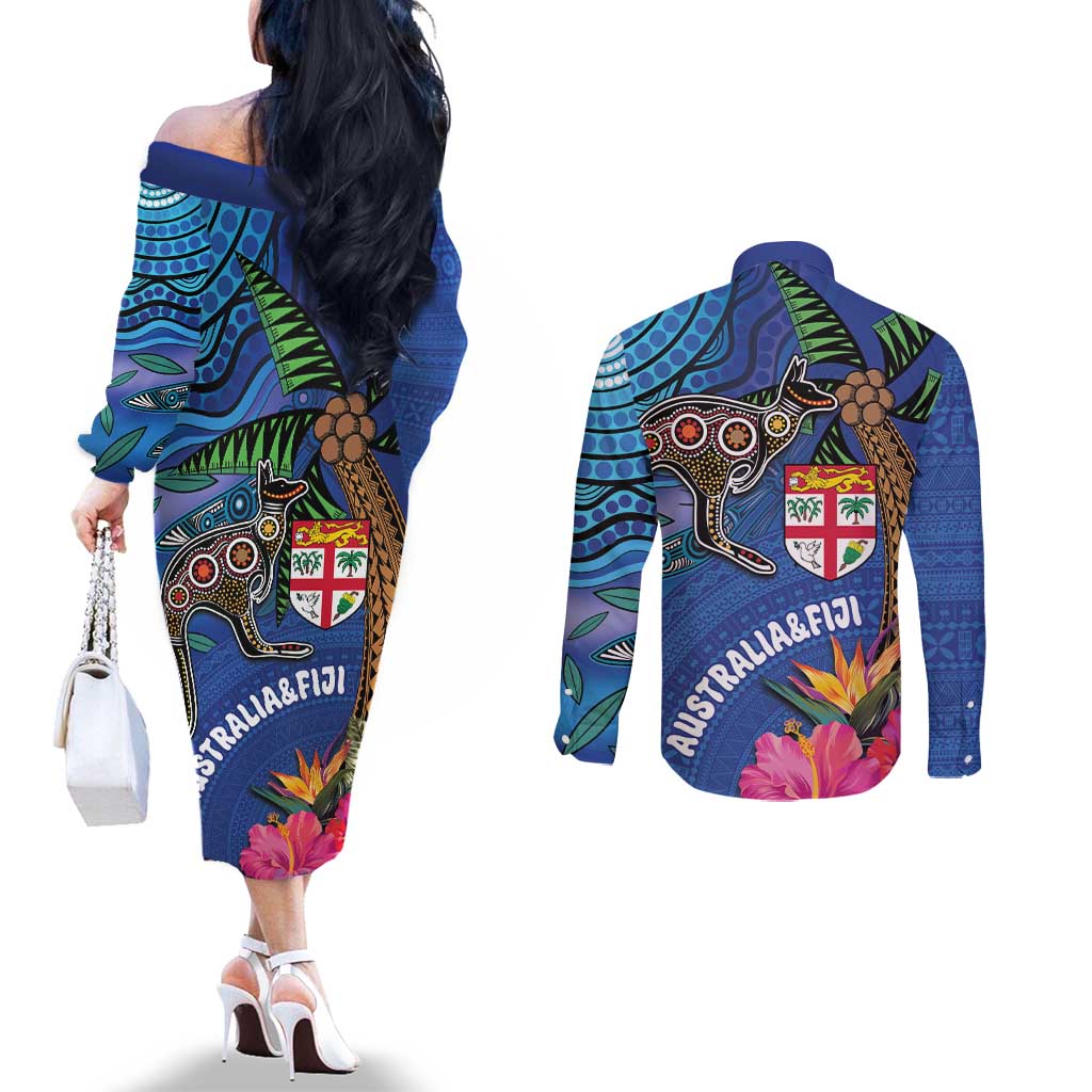 Fiji and Australia Together Couples Matching Off The Shoulder Long Sleeve Dress and Long Sleeve Button Shirt Aboriginal Kangaroo and Tapa Tribal Hibiscus LT03 - Polynesian Pride