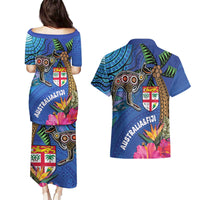 Fiji and Australia Together Couples Matching Puletasi and Hawaiian Shirt Aboriginal Kangaroo and Tapa Tribal Hibiscus LT03 - Polynesian Pride