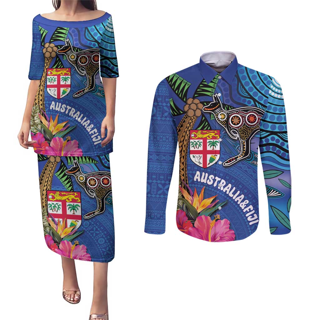 Fiji and Australia Together Couples Matching Puletasi and Long Sleeve Button Shirt Aboriginal Kangaroo and Tapa Tribal Hibiscus LT03 Blue - Polynesian Pride