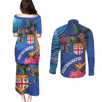 Fiji and Australia Together Couples Matching Puletasi and Long Sleeve Button Shirt Aboriginal Kangaroo and Tapa Tribal Hibiscus LT03 - Polynesian Pride
