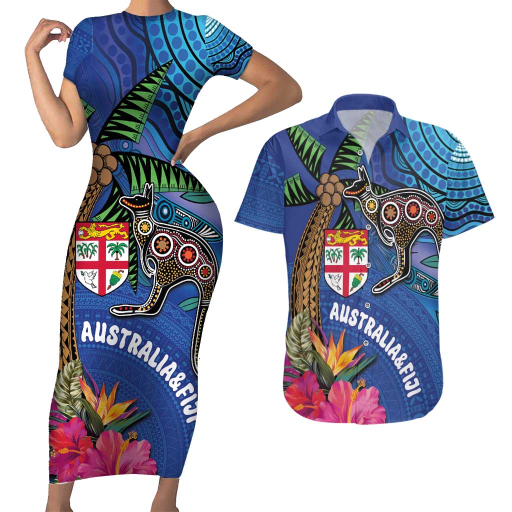 Fiji and Australia Together Couples Matching Short Sleeve Bodycon Dress and Hawaiian Shirt Aboriginal Kangaroo and Tapa Tribal Hibiscus LT03 Blue - Polynesian Pride