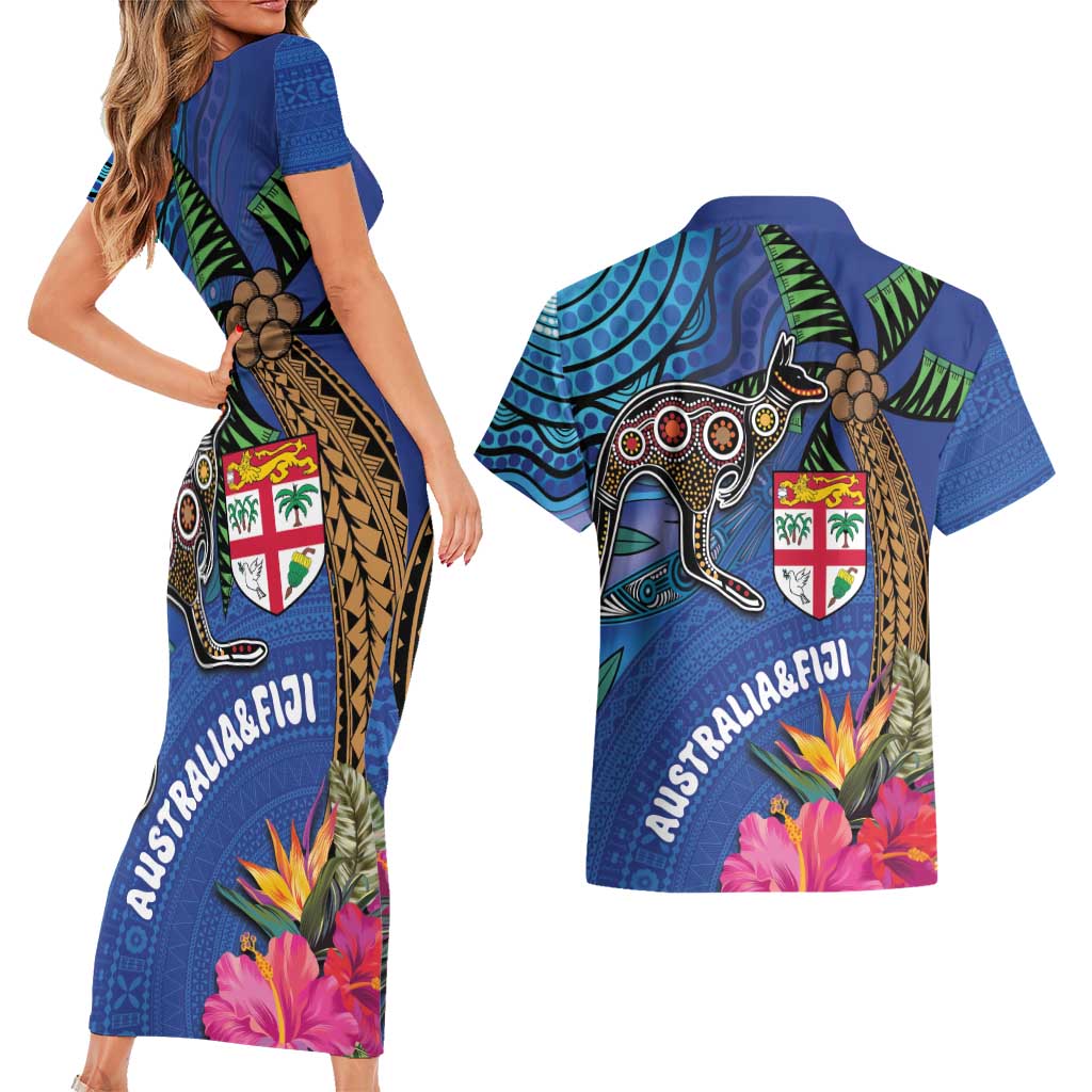 Fiji and Australia Together Couples Matching Short Sleeve Bodycon Dress and Hawaiian Shirt Aboriginal Kangaroo and Tapa Tribal Hibiscus LT03 - Polynesian Pride