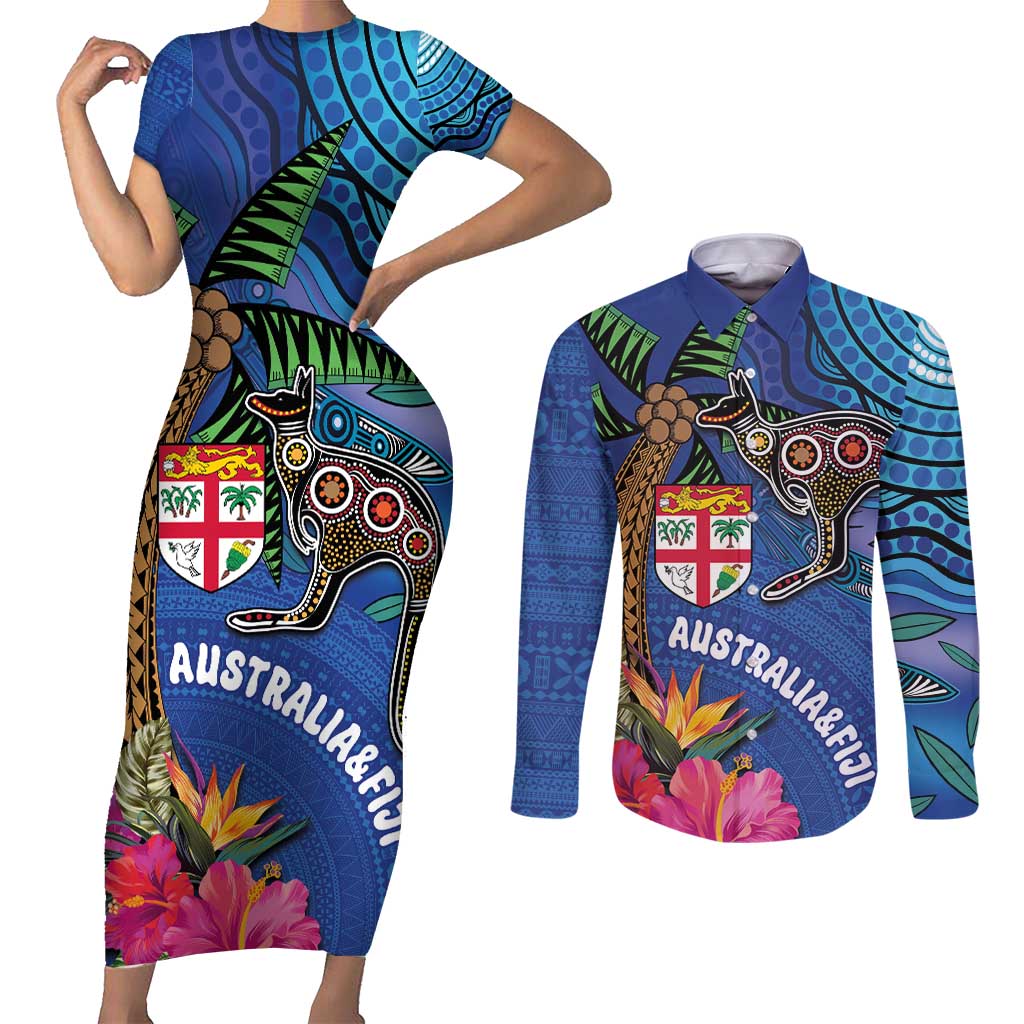 Fiji and Australia Together Couples Matching Short Sleeve Bodycon Dress and Long Sleeve Button Shirt Aboriginal Kangaroo and Tapa Tribal Hibiscus LT03 Blue - Polynesian Pride