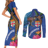 Fiji and Australia Together Couples Matching Short Sleeve Bodycon Dress and Long Sleeve Button Shirt Aboriginal Kangaroo and Tapa Tribal Hibiscus LT03 - Polynesian Pride