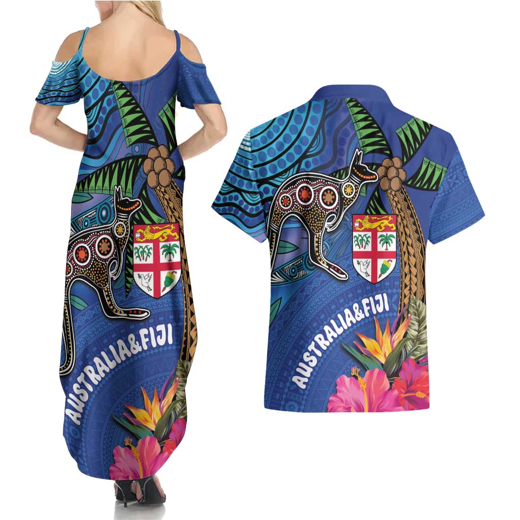 Fiji and Australia Together Couples Matching Summer Maxi Dress and Hawaiian Shirt Aboriginal Kangaroo and Tapa Tribal Hibiscus LT03 - Polynesian Pride