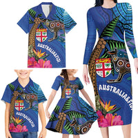 Fiji and Australia Together Family Matching Long Sleeve Bodycon Dress and Hawaiian Shirt Aboriginal Kangaroo and Tapa Tribal Hibiscus LT03 - Polynesian Pride