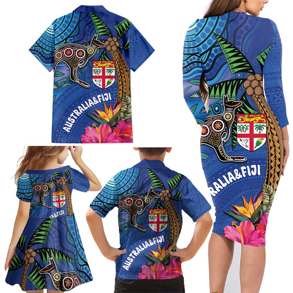 Fiji and Australia Together Family Matching Long Sleeve Bodycon Dress and Hawaiian Shirt Aboriginal Kangaroo and Tapa Tribal Hibiscus LT03 - Polynesian Pride