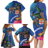 Fiji and Australia Together Family Matching Long Sleeve Bodycon Dress and Hawaiian Shirt Aboriginal Kangaroo and Tapa Tribal Hibiscus LT03 - Polynesian Pride