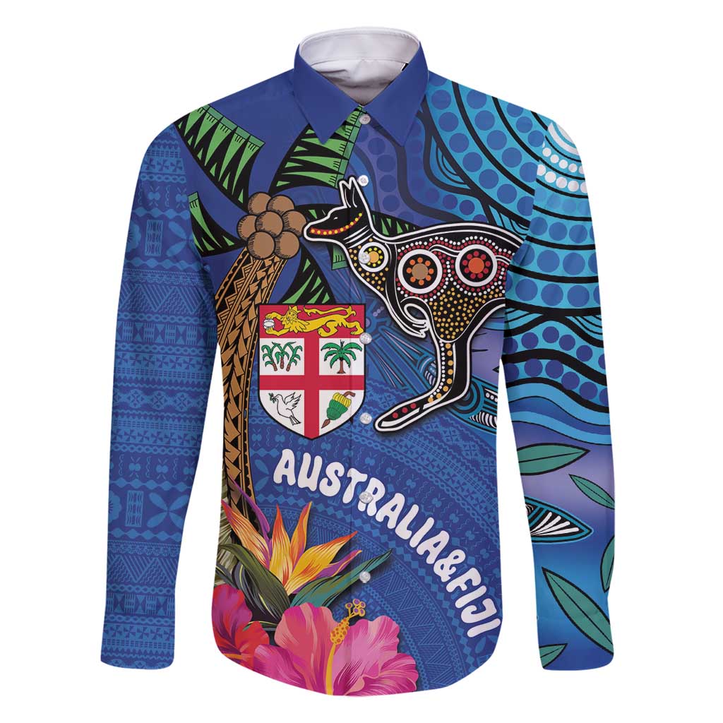 Fiji and Australia Together Family Matching Long Sleeve Bodycon Dress and Hawaiian Shirt Aboriginal Kangaroo and Tapa Tribal Hibiscus LT03 Dad's Shirt - Long Sleeve Blue - Polynesian Pride