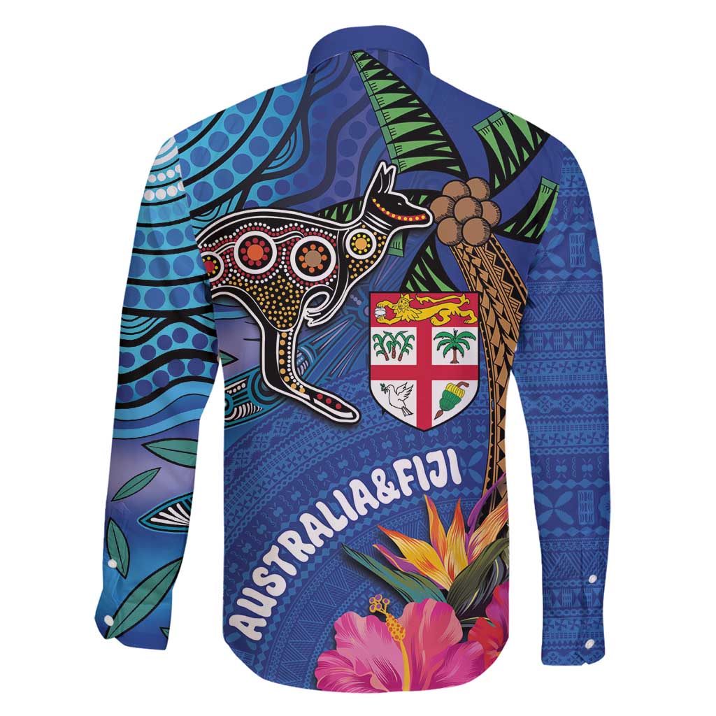 Fiji and Australia Together Family Matching Long Sleeve Bodycon Dress and Hawaiian Shirt Aboriginal Kangaroo and Tapa Tribal Hibiscus LT03 - Polynesian Pride